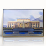 Large abstract wall art of Auckland skyline in gold and blue tones on a framed acrylic.