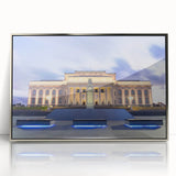 Large art print of Auckland skyline in muted blue tones on framed acrylic, suited for modern art wall decor.