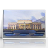 Mid-century modernist art of Auckland skyline in muted blue tones on a white framed acrylic, ideal for nursery wall decor.