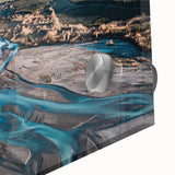 Large abstract wall art in mid-century modernist style depicting the Canterbury, New Zealand scenery on acrylic glass.