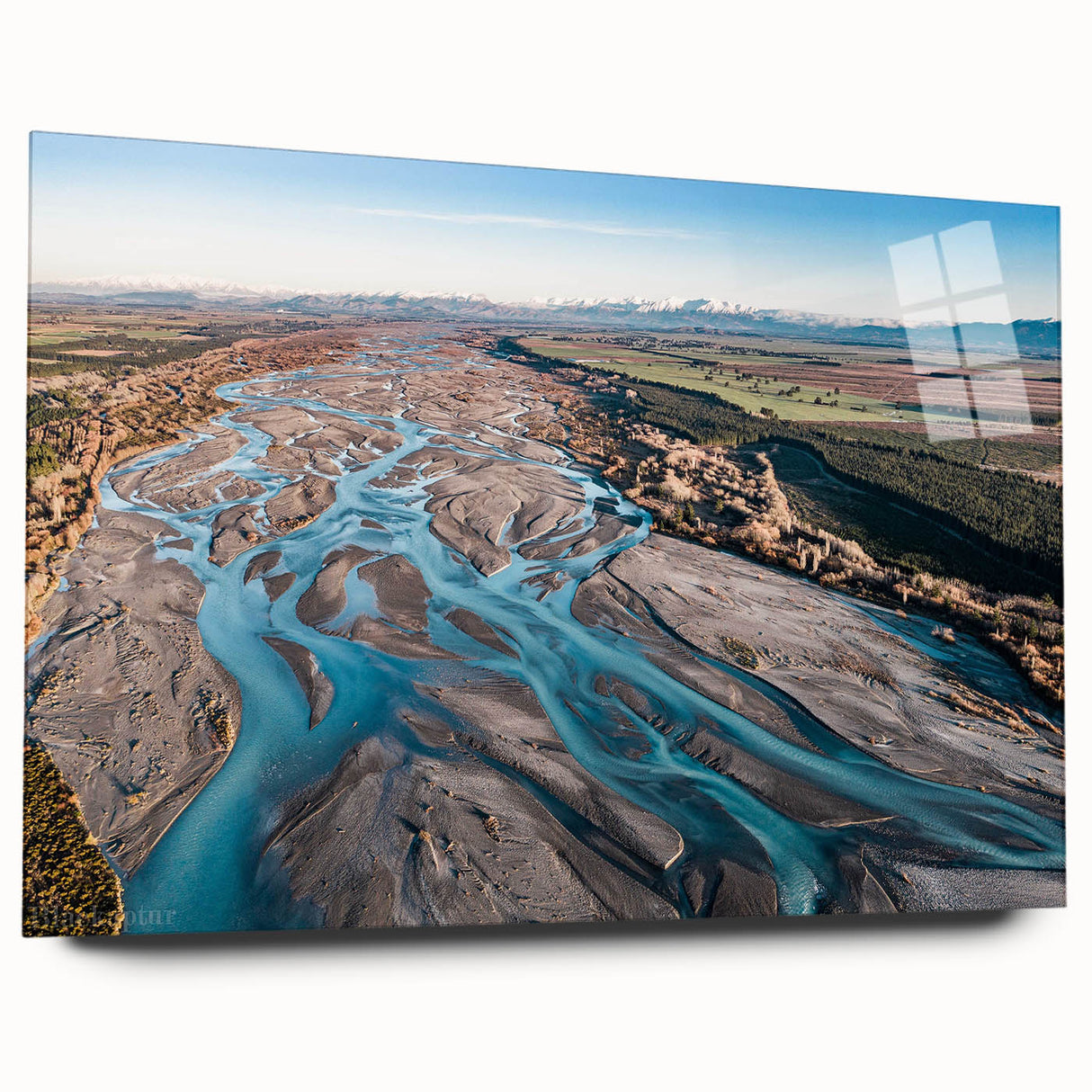 Large abstract wall art depicting Canterbury, New Zealand scenery on acrylic glass, in cool blue and green tones.