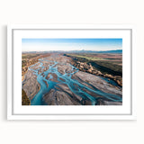 Abstract art print of Canterbury, New Zealand with vibrant green and blue tones on a white-framed canvas.