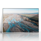 Acrylic print of Canterbury, New Zealand scenery in muted green and blue tones, framed in white.