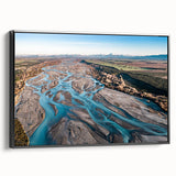 Black and white framed canvas depicting a vintage-style landscape of Canterbury, New Zealand, ideal for bedroom wall art.