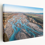Large art print of Canterbury, New Zealand scenery on stretched canvas, featuring soft green and blue tones.