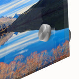 Mid-century modernist acrylic print of abstract Otago, New Zealand scenery in vibrant blue and green tones.