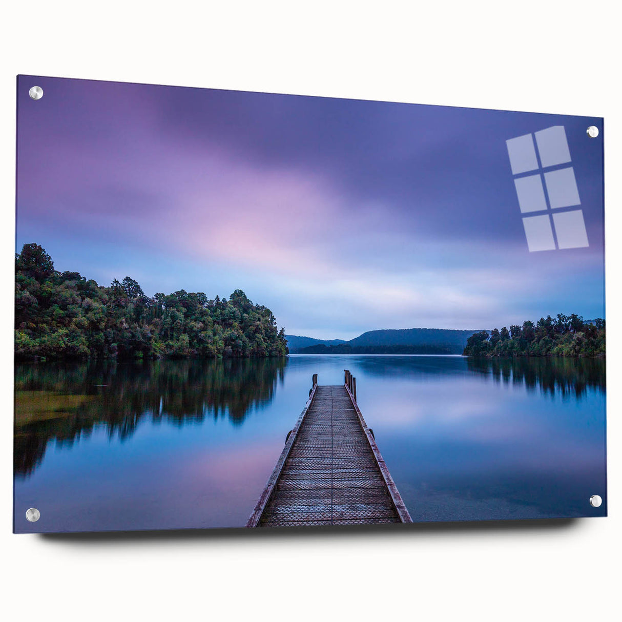 Acrylic print of a large abstract depiction of New Zealand's West Coast in muted blue and green tones.