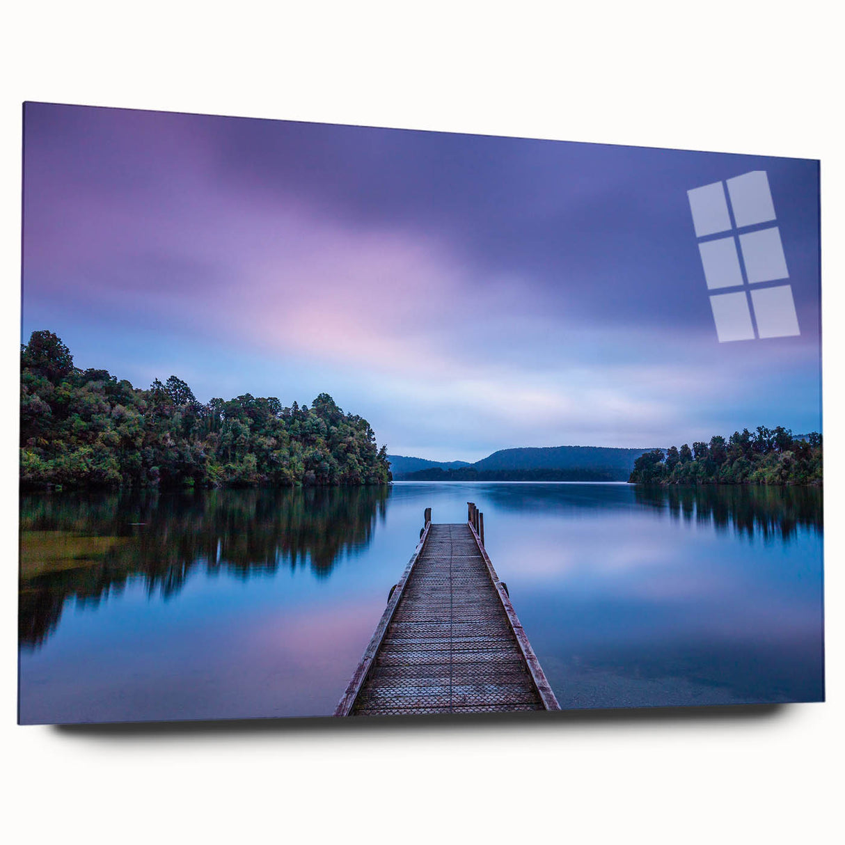 Acrylic print of New Zealand's West Coast in muted blues and greens, suitable for bedroom or dining room decor.