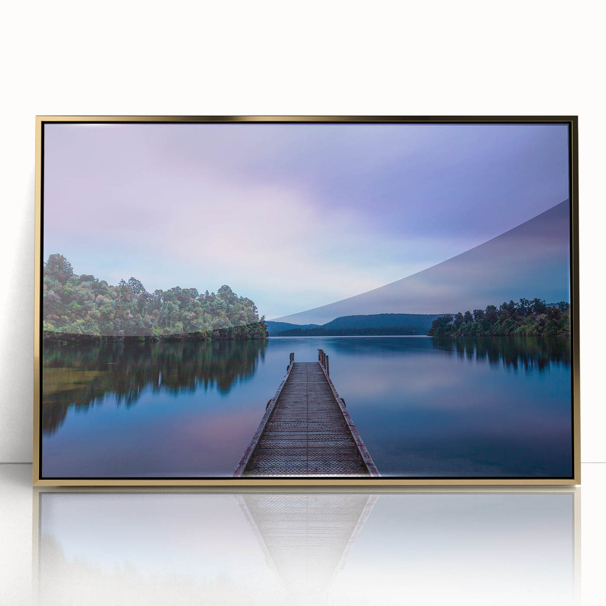 Large art print of New Zealand's West Coast on framed acrylic, featuring mid-century modernist style in muted earth tones.