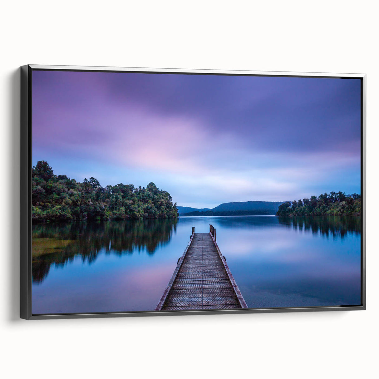 Black and white framed canvas featuring a vintage-style New Zealand West Coast landscape, suitable for bedroom decor.