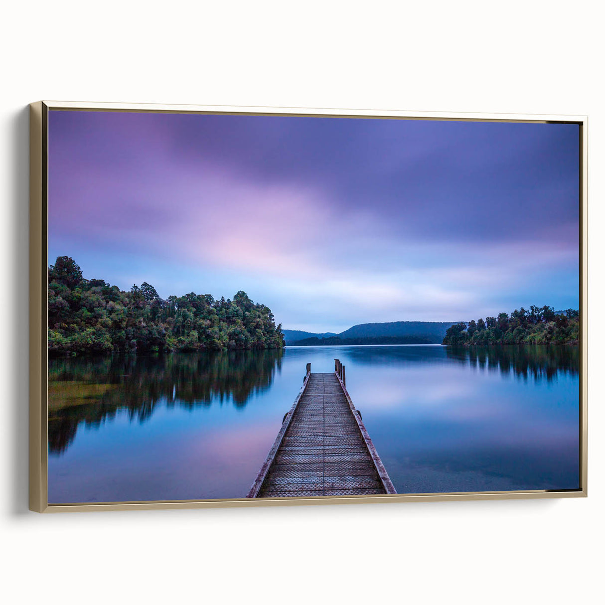Framed canvas wall art depicting a vintage-style New Zealand West Coast landscape in muted gold and black tones.