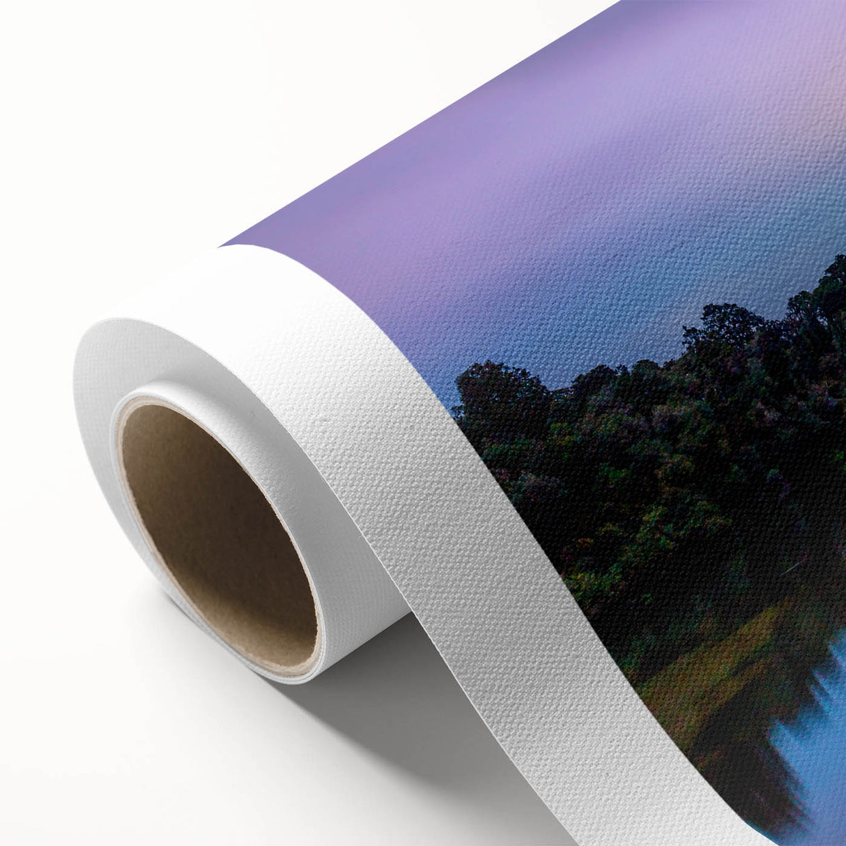 Art deco poster of New Zealand West Coast on rolled canvas, with serene blue and green tones.