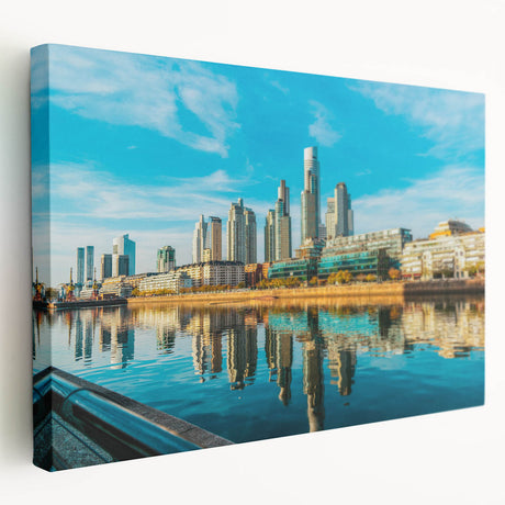 Side view of a stretched canvas featuring a vibrant depiction of Buenos Aires scenery, ideal for kitchen wall art.