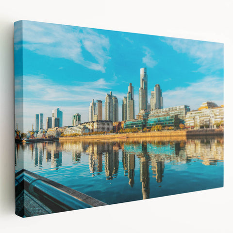 Side view of a stretched canvas featuring a vibrant depiction of Buenos Aires scenery, ideal for kitchen wall art.