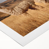 Art deco poster of a Bolivian landscape on rolled canvas, featuring muted earth tones, ideal for dining room decor.