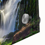 Large abstract wall art of a Brazilian landscape in vibrant hues on acrylic glass, ideal for dining room ambiance.