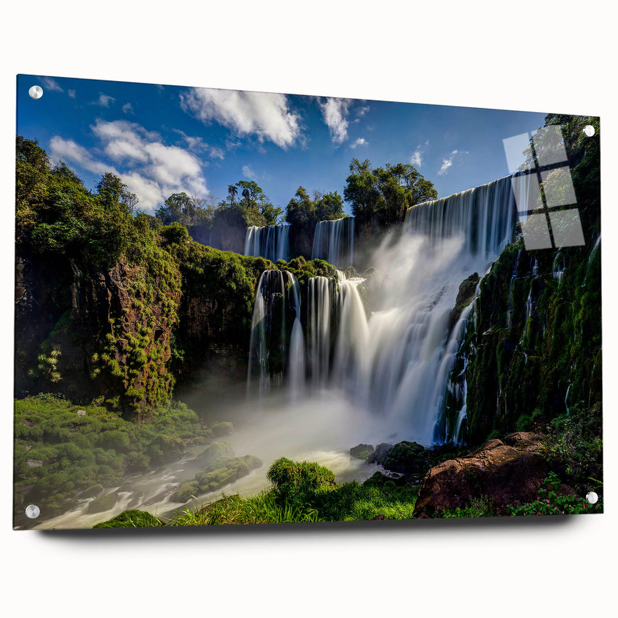 Large abstract depiction of a South American scenery in muted earth tones on acrylic glass.