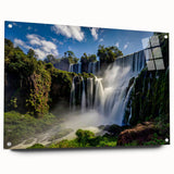 Large abstract depiction of a South American scenery in muted earth tones on acrylic glass.