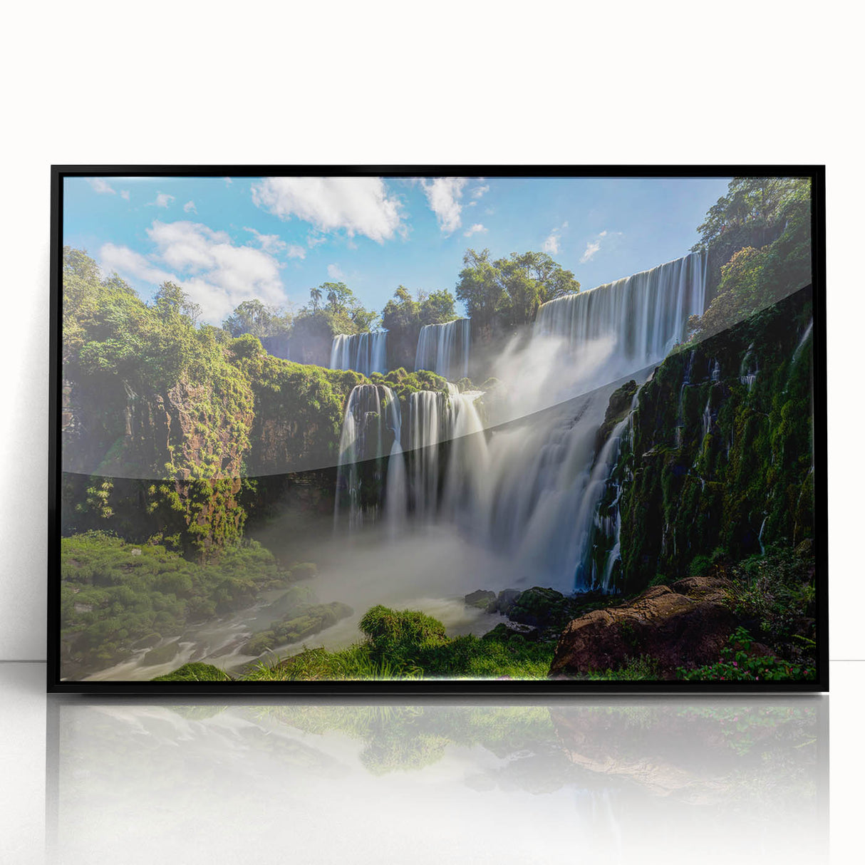 Large abstract wall art of a Brazilian landscape in muted earth tones, framed in black acrylic.