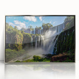 Mid-century modernist art depicting a Brazilian landscape in muted green and blue tones on a framed acrylic print.