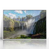 Art deco poster of a Brazilian landscape in pastel shades, framed in white acrylic, ideal for nursery wall art.