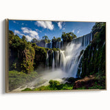 Framed canvas featuring a vintage-style landscape painting of a Brazilian scenery in muted gold and black tones.