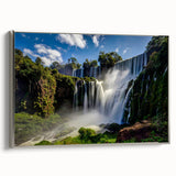 Framed canvas featuring a vintage-style landscape painting of a Brazilian scenery in colorful hues.