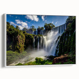 Extra large vintage poster art of a colorful Brazilian scenery on a white framed canvas, ideal for living room decor.