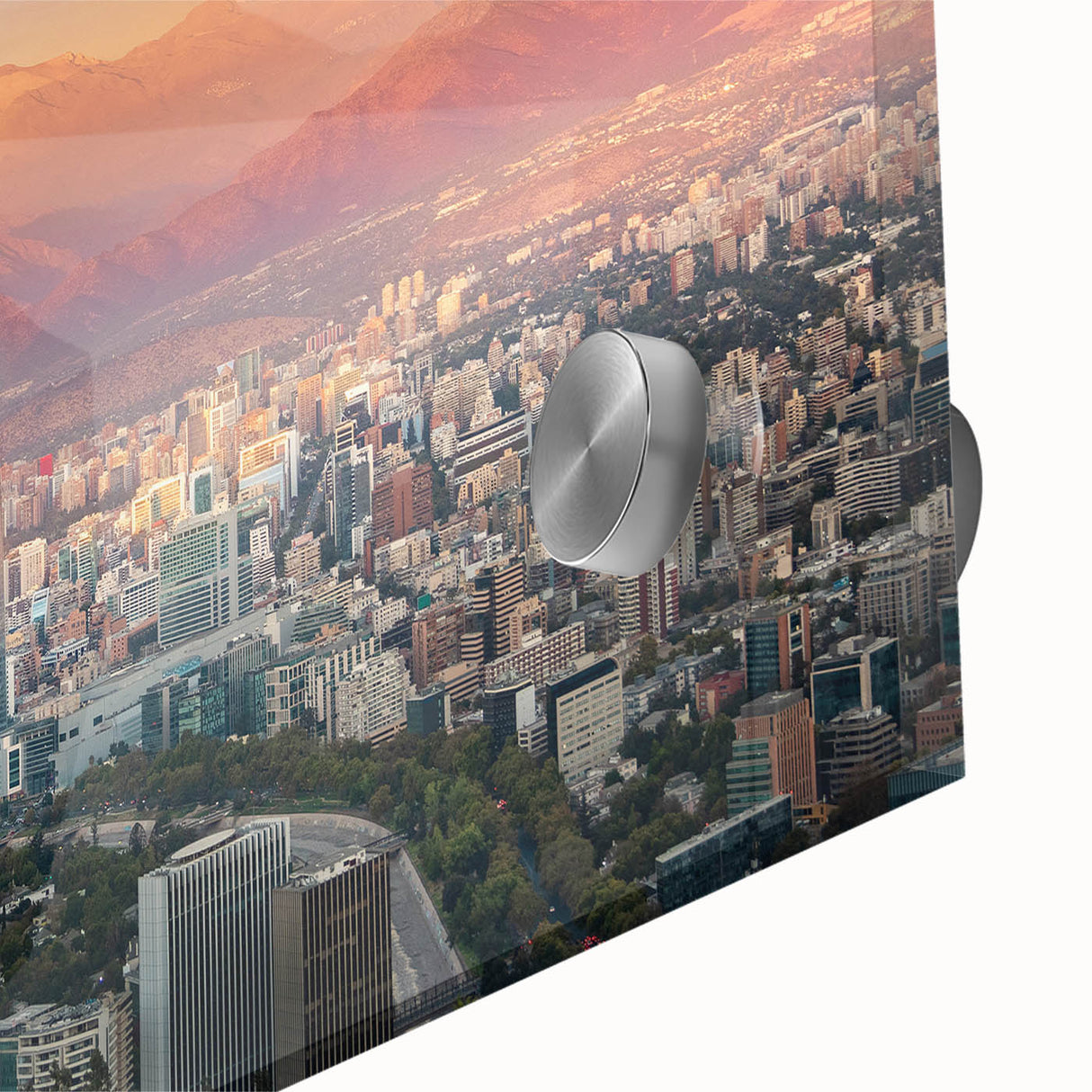 Mid-century modernist art of Santiago skyline in muted earth tones on large acrylic glass, ideal for dining room art.