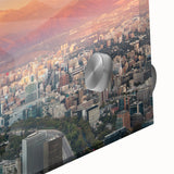 Mid-century modernist art of Santiago skyline in muted earth tones on large acrylic glass, ideal for dining room art.