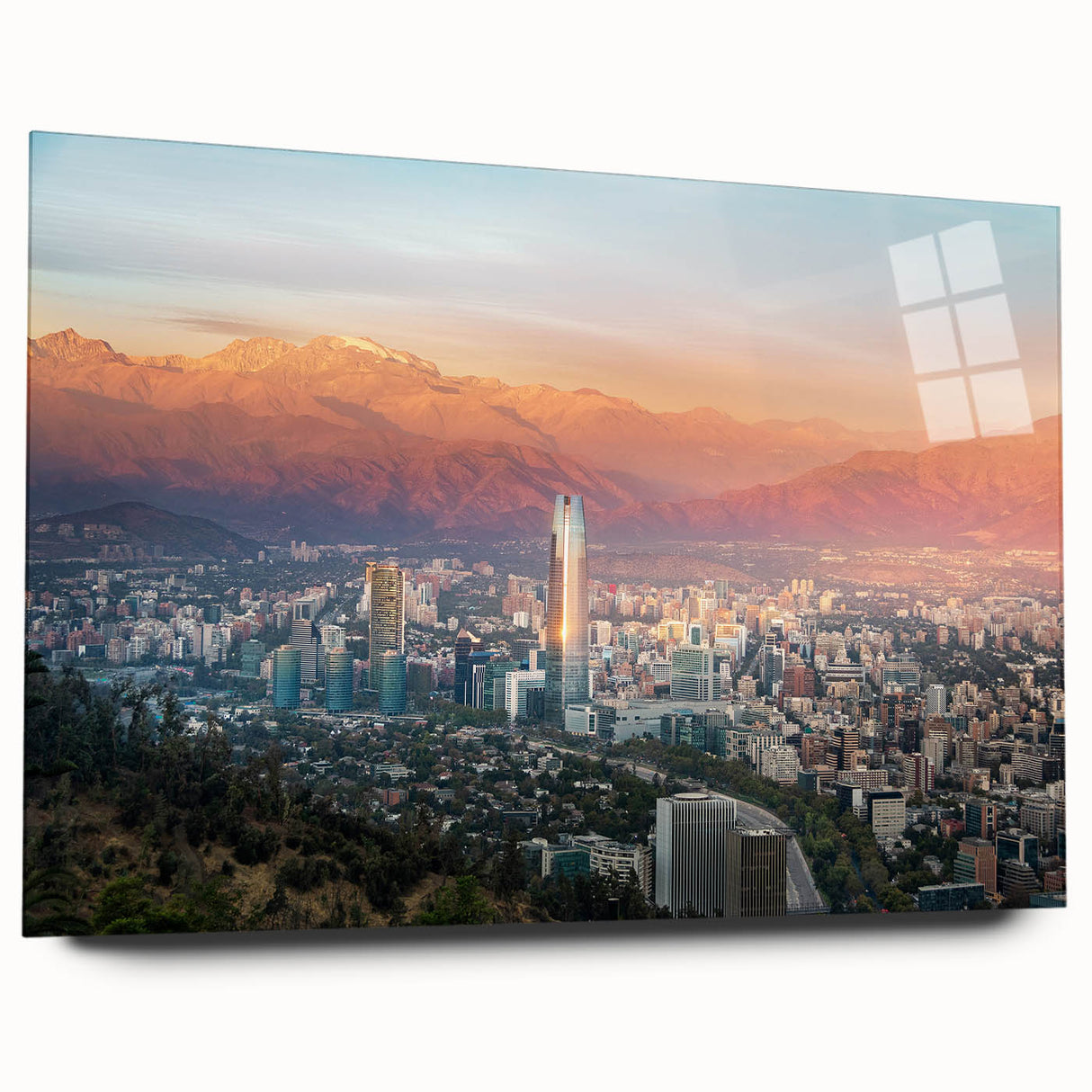 Acrylic print of a large abstract depiction of Santiago, Chile in muted earth tones, ideal for bedroom or dining room art.