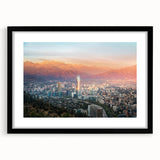 Extra large abstract art print depicting a colorful, textured view of Santiago, Chile, in a black frame with mat.
