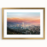 Extra large abstract art print of Santiago, Chile in muted earth tones on a textured canvas, framed in gold.