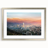 Textured art print of Santiago skyline in muted earth tones on a framed canvas, suitable for bedroom decor.