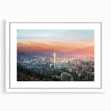 Abstract art print of Santiago skyline in muted gray and blue tones on a framed white mat, ideal for dining room decor.