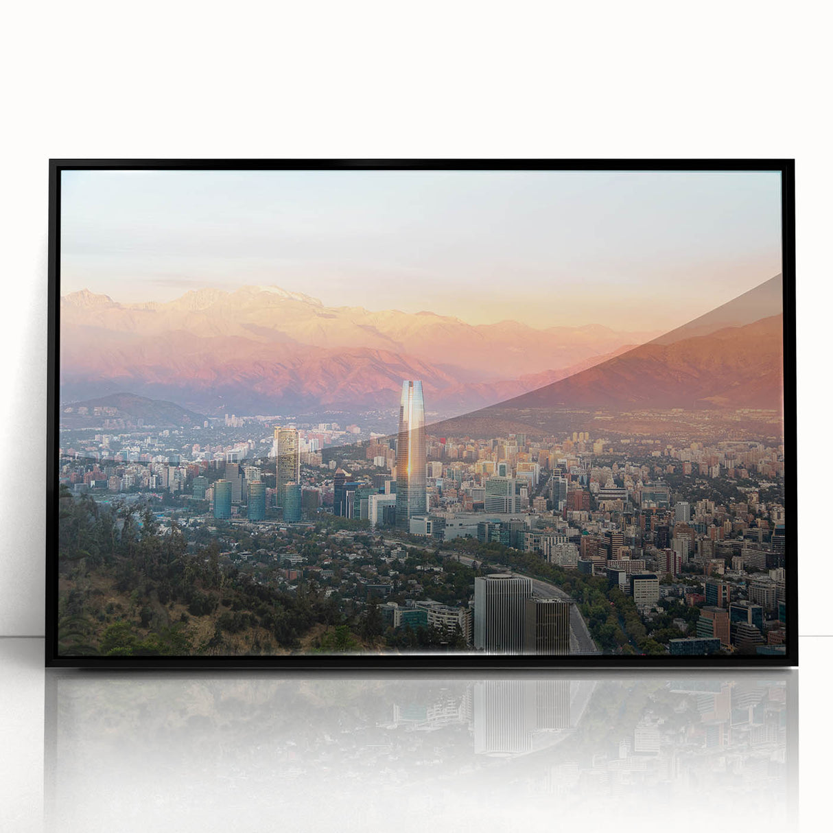 Large abstract wall art depicting the Santiago skyline in muted earth tones on a framed acrylic print.