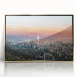 Mid-century modernist acrylic print of Santiago, Chile skyline in muted earth tones, ideal for modern art wall decor.
