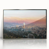 Mid-century modernist art of Santiago skyline in muted earth tones on a framed acrylic print.