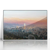 Framed acrylic print of Santiago skyline in muted earth tones, ideal for modern art wall decor.
