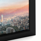 Close-up of extra large framed canvas featuring a textured, colorful depiction of Santiago.