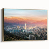 Framed canvas of Santiago, Chile landscape in vintage poster style with black and gold tones, ideal for bedroom wall art.