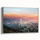 Framed canvas of a vintage-style landscape painting depicting Santiago, Chile, featuring muted earth tones.
