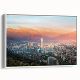 Vintage poster art of Santiago, Chile in colorful hues on a large framed canvas, ideal for living room decor.