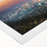 Art deco poster of Santiago, Chile skyline in muted earth tones on rolled canvas, suitable for dining room decor.