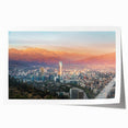 Vivid print of Santiago, Chile skyline with colorful floral foreground on rolled canvas, suitable for art wall dining room.