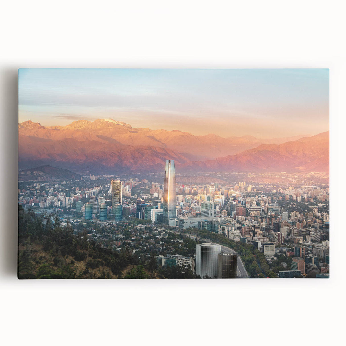 Large black and white photo of Santiago skyline on stretched canvas, ideal for kitchen wall art.