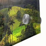 Large abstract wall art featuring a mid-century modernist design of Colombian scenery in muted earth tones on acrylic glass.