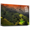 Large abstract wall art of a Colombian landscape in vibrant greens and blues on acrylic glass.