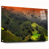 Large abstract wall art of a Colombian landscape in vibrant greens and blues on acrylic glass.