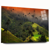 Large abstract wall art of a vibrant Colombian landscape on acrylic glass, ideal for bedroom or dining room decor.